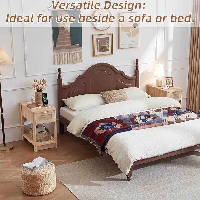 Lerliuo Narrow Night Stand with Charging Station, Boho Nightstand with Drawer, Bed Side End Table with Rattan Shelf for Small Spaces, Wood Nightstands Bedside Tables for Living Room Bedroom