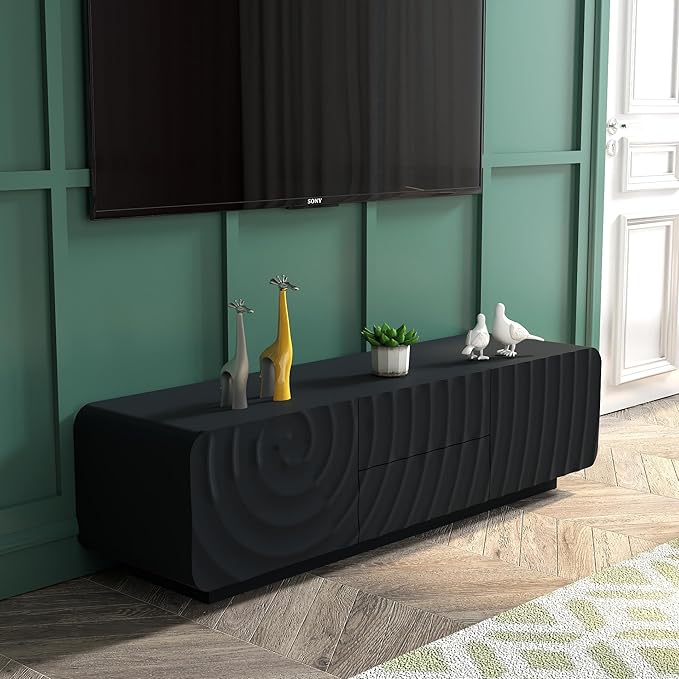 LKTART 58'' TV Stand with Storage & 2 Drawers, Modern TV Console with Water Ripple Door Panels Mid-Century Credenza Sideboard Buffet Cabinet for Kitchen & Living Room (Black)
