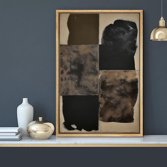 MUDECOR Framed Canvas Print Wall Art Black and Brown Geometric Block Abstract Illustrations Fine Art Mid-Century Modern Multicolor for Living Room, Bedroom, Office - 16"x24" NATURAL