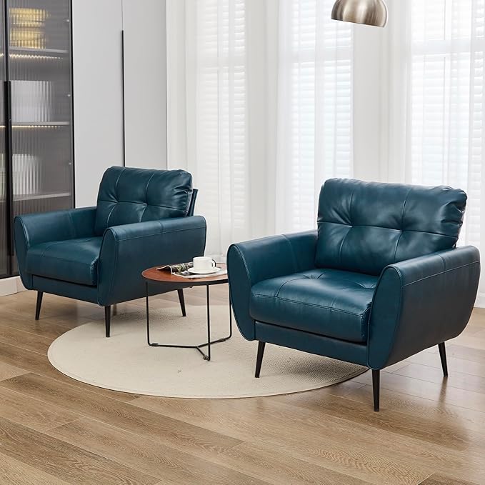TYBOATLE Accent Chairs Set of 2, Comfy Modern Living Room Blue Faux Leather Reading Accent Chairs Tufted Mid Century Arm Chair Small Salon Chair for Office Bedroom (2, Blue)
