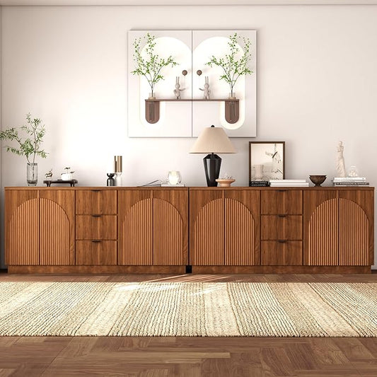 Brafab 67" Mid Century Modern Style Storage Sideboard with 4 Arched Reeded Design Doors and 3 Drawers with Adjustable Shelves, Suitable for Living Rooms, Studies and Dining Rooms (Walnut, 2 PCS)