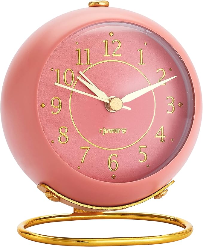 rjuwurv Metal Desk Alarm Clock, Retro Bedroom Table Vintage Analog Alarm Clock, Silent Non-Ticking Gold Clock, Bedside Décor(Sweet Pink)