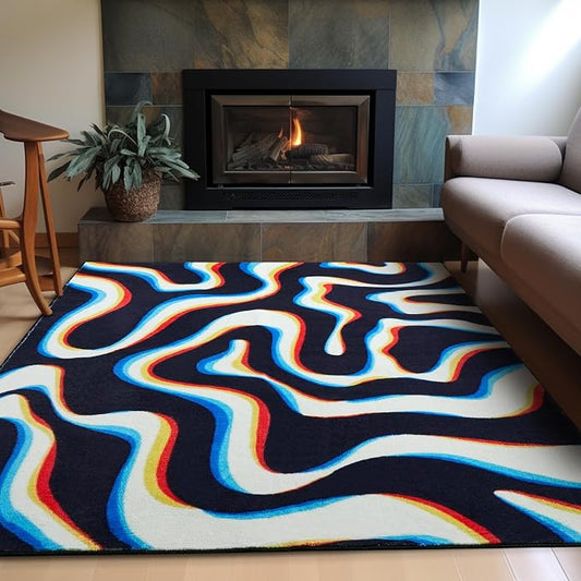 Trippy Abstract 5x7 Area Rug Ultra Thin Flatweave Funky Aesthetic Minimalist Geometry Swirl Bedroom Rug Colorful Black White, Retro Cool Washable Carpet for Kitchen Entryway Living Room Dorm