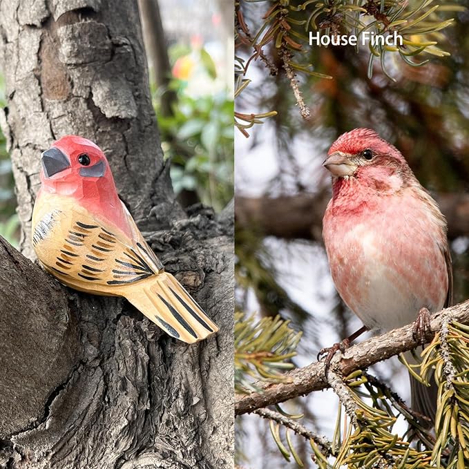 H&Zebrabro Hand Carved Bird Figurines, Hand-Painted Sculpted Wooden Birds, Wood Bird Sculptures for Home Decoration, Hand Crafted Life Like Bird Statues, Ideal Gifts for Bird Lovers (House Finch)