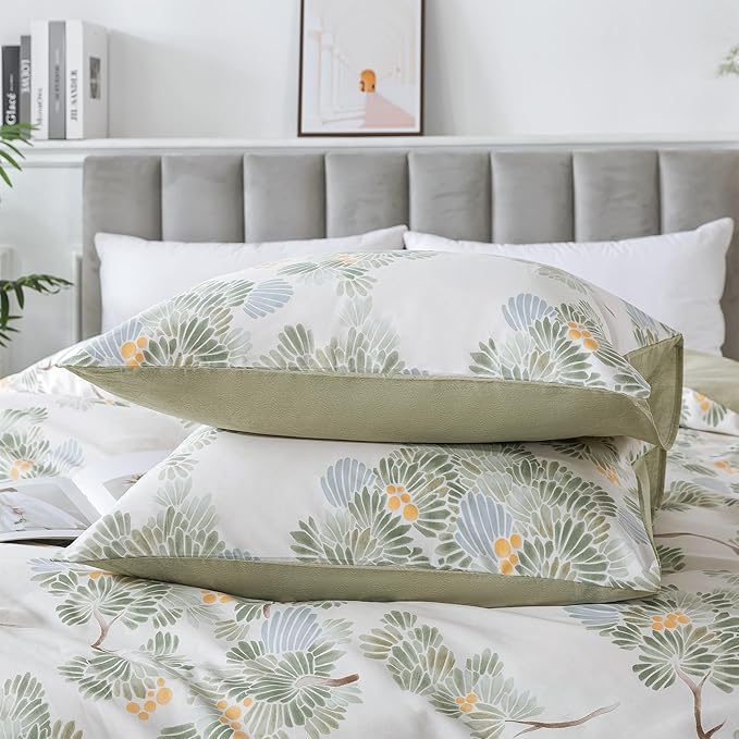 HoneiLife Duvet Dover Queen Size - 100% Cotton Comforter Cover Botanical Bedlinen Set with Zipper Closure & Corner Ties, 3-PC Forest Comforter Cover Sets