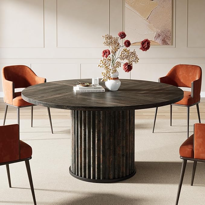 Tribesigns 47.24-Inch Round Dining Table for 4-6 People, Modern Fluted MDF + Metal Base Kitchen Table, Sturdy Circle Dining Room Furniture, Black Brown