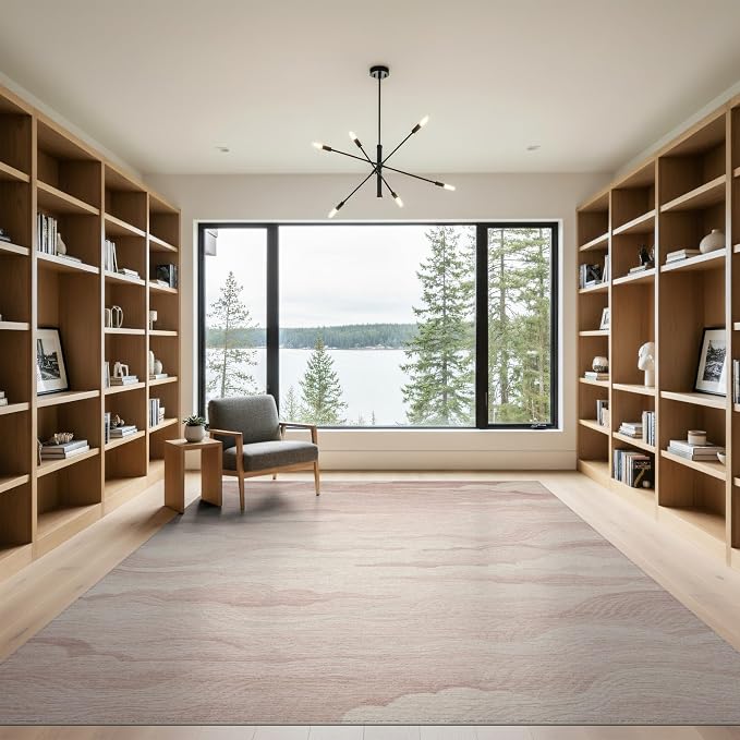 9'x12' Washable Modern Wave Area Rug, Blush Pink Foldable Oversized Carpet Low Profile Flatwoven Floor Covering for Great Room, Indoor Open Concept, Large Living Room | Ref:2208255