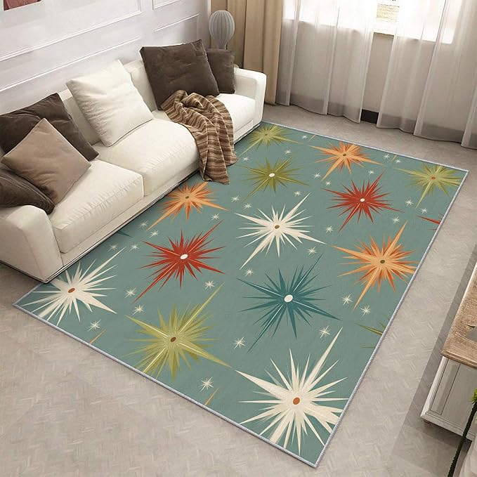 Mid Century Modern Rugs for Living Room Decor, 5x6 ft, Retro Atomic Geometric Area Rugs for Bedroom, Soft Non Slip Washable 1950s MCM Starburst Carpet Home Decorations D-g48