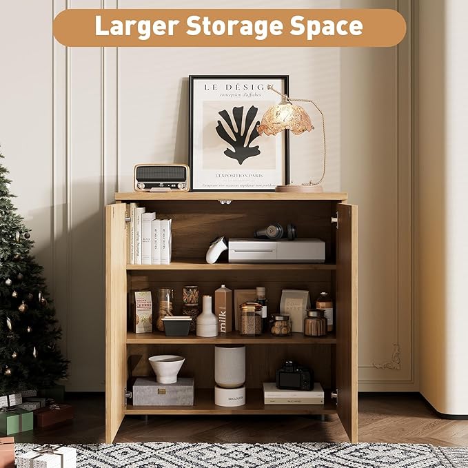 Rophefx Fluted Sideboard Cabinet, Buffet Cabinet with Storage, Credenza Storage Cabinets with Adjustable Shelf, Wood Entryway Cabinets with Pop-up Doors for Living Room, Entryway, Hallway, Oak