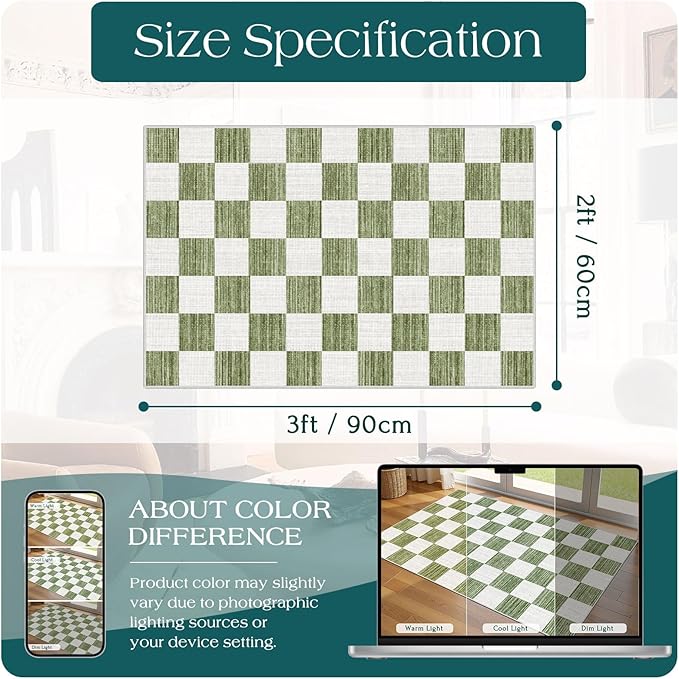 Front Door Mat Outside Entrance - 2x3 Green White Non-Slip Washable Doormat Indoor Outdoor Mat Entry Rug Geometric Checkered Small Layered Area Rug for Entryway Kitchen Front Porch Decor
