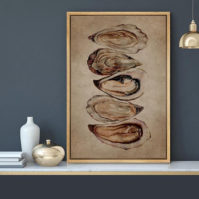 MUDECOR Framed Canvas Print Wall Art Watercolor Oyster Shells Rustic Coastal Illustrations Minimalism Decorative Bohemian Colorful Zen for Living Room, Bedroom, Office - 16"x24" NATURAL