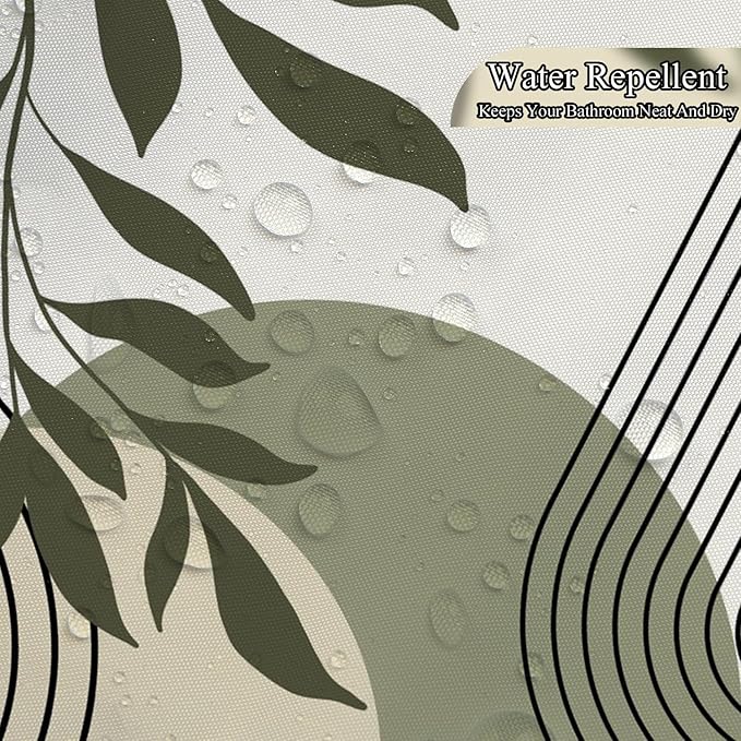 Boho Sage Green Shower Curtain Mid Century Modern Abstract Plant Botanical Bathroom Curtain Minimalist Neutral Geometric Arch Bath Decor Polyester Set with Hooks 48x72 inch