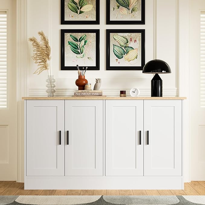 Anystyle 53" White Buffet Cabinet with Storage, Modern Kitchen Sideboard with 4 Doors & Adjustable Shelves, Entryway Credenza & TV Console Table for Living Room, Dining Room