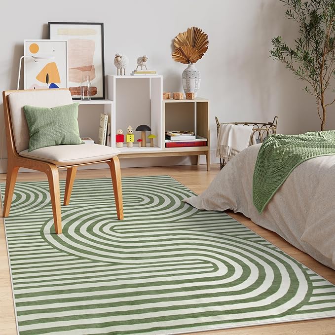 Lahome Green Washable Rug 5x7, Soft Kids Bedroom Rug Mid Century Modern Area Rugs for Living Room, Non-Slip Ultra-Thin Stain Resistance Abstract Rug for Nursery Large Playroom Office Alba(5'X7',Green)