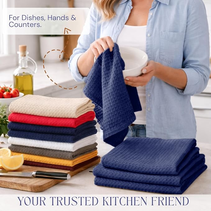 Waffle Weave Dish Towels 12 Pack, 16x26 Inches, Quick Dry Towels for Kitchen, Reusable, Absorbent Wash Cloths Set, Washable Fabric, Heavy Duty for Daily Use - Indigo Blue