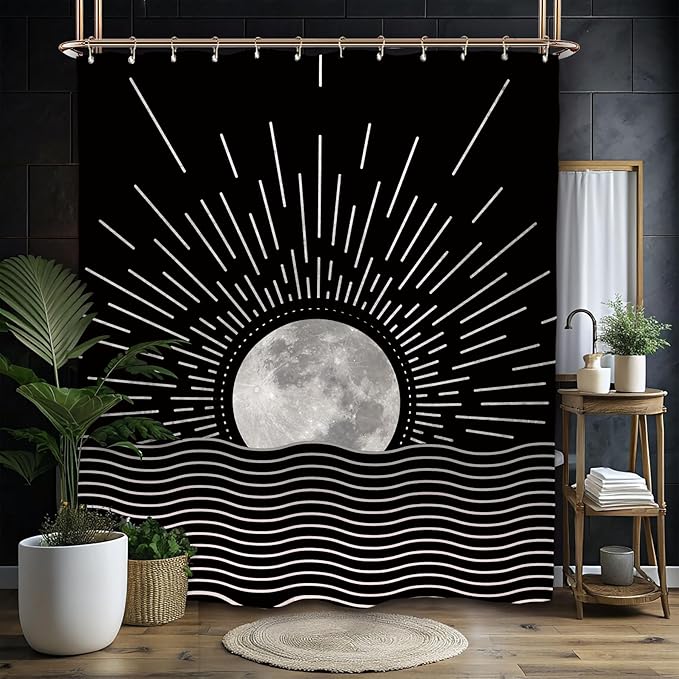 Miyotaa Black Abstract Moon Sun Minimalist Shower Curtain Set 60Wx71H Inches Sunrise Sunset Vintage Aesthetic Retro Modern Mid Century Polyester Waterproof Bathroom Curtain with 12 Hooks