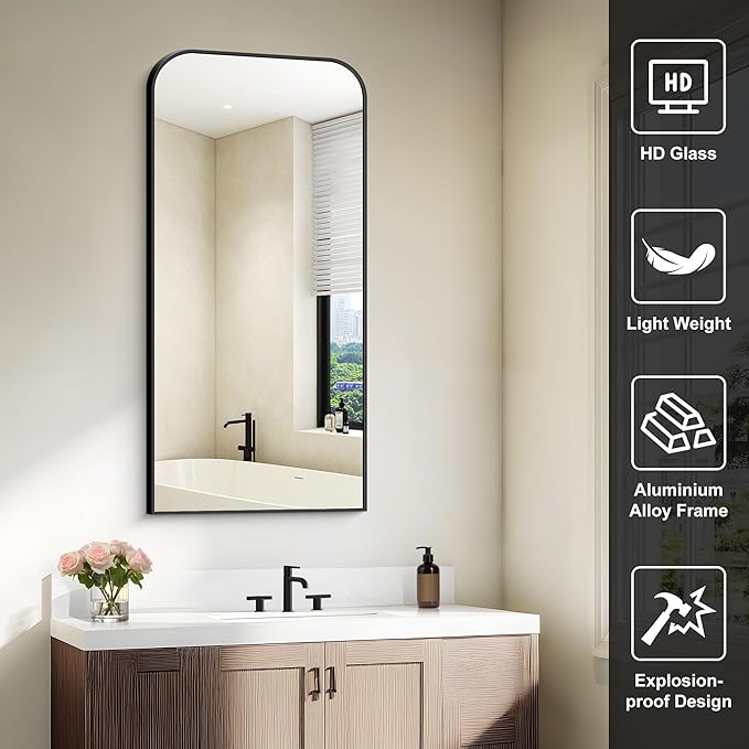 Bathroom Mirror, 20x40 inch Black Rectangle Wall Mounted Mirror with Thin Frame, Bathroom Vanity Mirrors for Over Sink, Entryway, Living Room, Bedroom