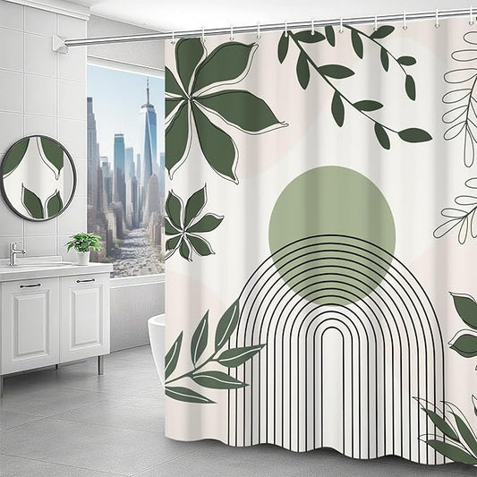 Boho Shower Curtain Modern Abstract Green Leaves Sun Bathroom Curtain Minimalist Geometric Arch Nature Fresh Decor Shower Curtain Waterproof Fabric with Hooks 72x72