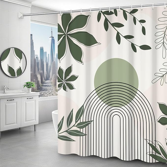 Boho Shower Curtain Modern Abstract Green Leaves Sun Bathroom Curtain Minimalist Geometric Arch Nature Fresh Decor Shower Curtain Waterproof Fabric with Hooks 72x78