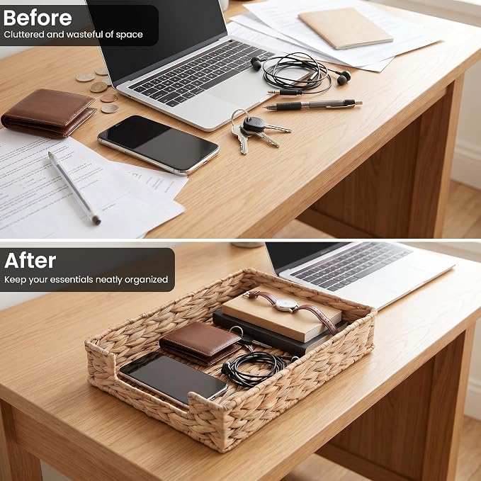 Letter Tray Water Hyacinth,Wicker Desk Organizer for Office Supplies, Mail, A4 Paper File, Magazine,Jewelry Cosmetics, Paper Holder Storage Basket for Office, School, and Workspace