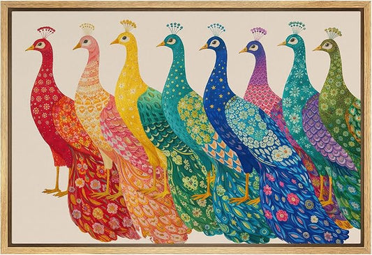 SIGNWIN Framed Canvas Print Wall Art Colorful Peacock Bird Row Folk Art Floral Pattern Rustic Landscape Relax/Calm for Living Room, Bedroom, Office - 16"x24" NATURAL