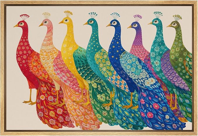 SIGNWIN Framed Canvas Print Wall Art Colorful Peacock Bird Row Folk Art Floral Pattern Rustic Landscape Relax/Calm for Living Room, Bedroom, Office - 24"x36" Natural