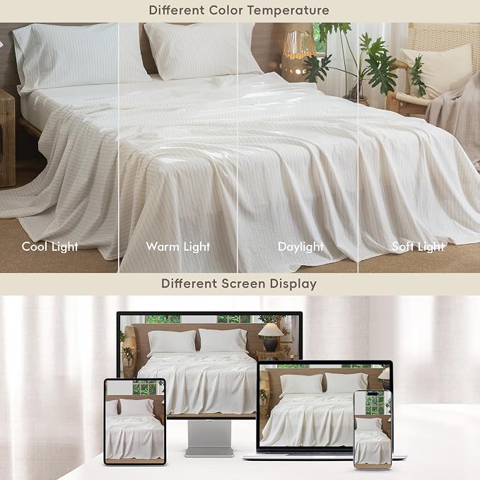 MooMee Striped Sheet Set 100% Washed Cotton Linen Like Textured Breathable Durable Soft Comfy (White Almond Milk Grey Wide Stripes, Queen)