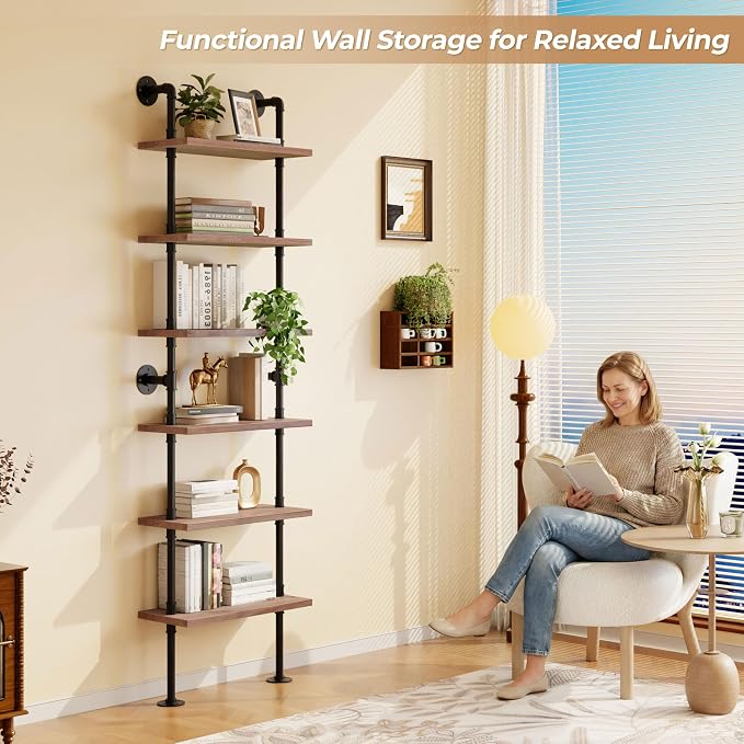Industrial Ladder Pipe Shelves, Wall Mounted Rustic Bookshelf, Retro Metal Wood Bookcases (Weathered Brown, 6 Tier - 10" D x 24" W x 82.5" H)