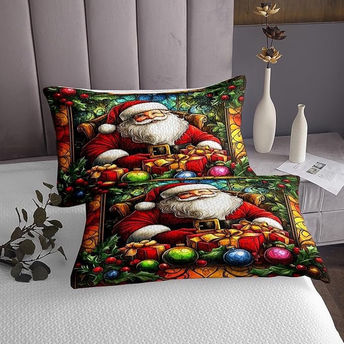 Santa Claus Kids Bedspread King Size,Merry Christmas Happy New Year Xmas Coverlet Set,Boys Girls Room Decor,Flowers Leaves Rustic Farmhouse Quilted Coverlet,Red Retro Bedding Quilt,2 Pillowcases
