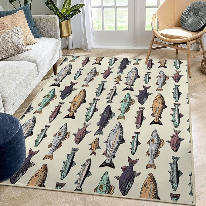 Ansouyi Non-Slip 5x7 ft Area Rugs, Washable Rug Carpet for Living Room, Vintage Fishes Trout Salmon Sea Animals Home Decor Rugs