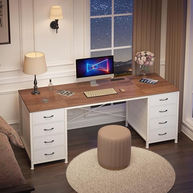 YOMILUVE 60 Inch Computer Desk with 8 Drawers, Home Office Desk with Power Outlets, Work Study Gaming Desk with 8 Fabric Drawers, Brown and White
