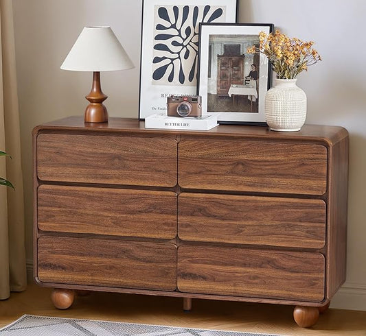 AVZEAR Modern 6 Drawer Dresser for Bedroom, 48" Wide Wooden Dresser Chest of Drawers, Handle Free & Curved Profile Design, Mid Century Closet Clothes Storage Organizer for Living Room, Walnut
