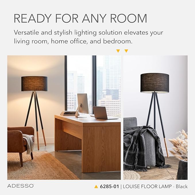 Adesso 6285-01 Louise, 60.25 in., 150 W Incandescent/ equiv. CFL, Black Painted Metal w/ Wood Tips, 1 Floor Lamp