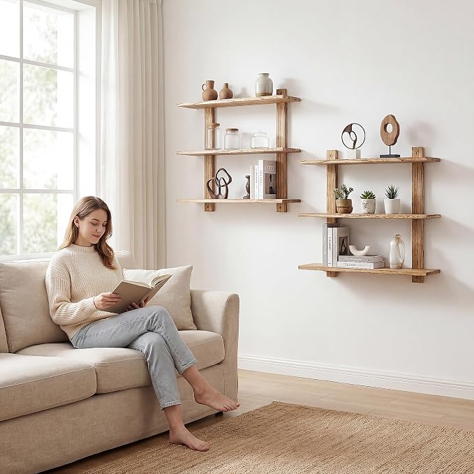 PHOENANCEE 3 Tier Floating Shelves,Long Wall Shelf,Over The Toilet Shelves Bathroom Hanging Display Storage Rustic for Living Room Bedroom Kitchen Office Coffee Bar Decor Decorative,24 Inch