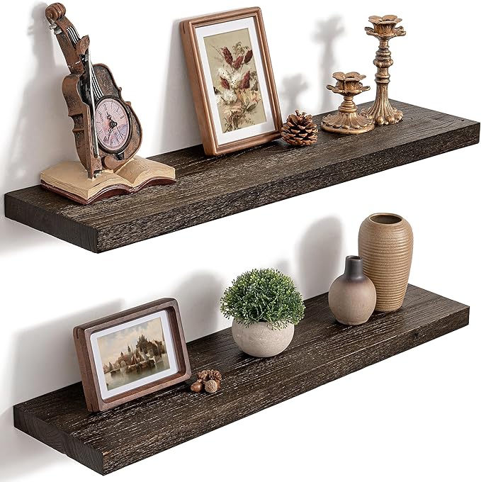 30 Inch Floating Shelves for Wall, 8"D High End Solid Hardwood Shelves for Decor Storage, Rustic Wall Shelves with Invisible Heavy Duty Brackets for Living Room, Kitchen, Bathroom, Walnut, 2 Pack
