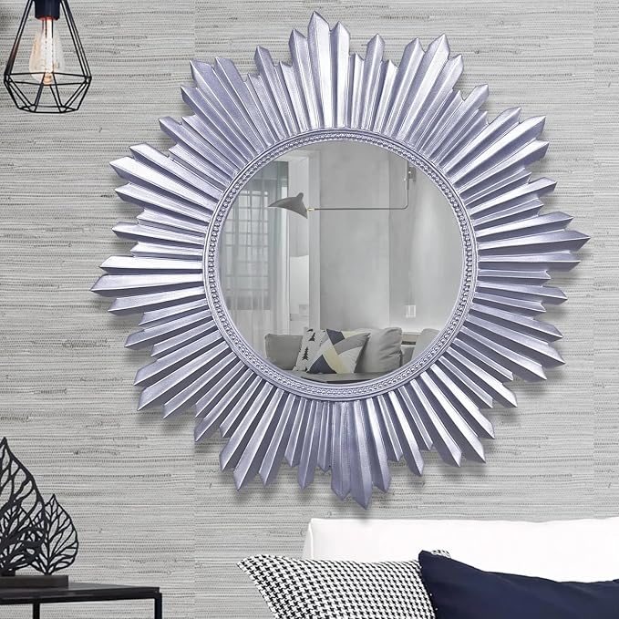 Armanda Collection Sunburst Round Wall Mirror Handmade Resin Frame Decorative Home Accent (Silver)