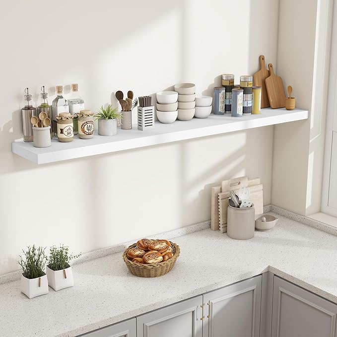 Fun Memories 72 Inch Fireplace Mantel Shelf, 10 Inch Deep Shelves for Display & Wall Storage, Rustic Wood Wall Shelf, Extra Long Floating Shelves for Living Room Laundry Room, White, Set of 1