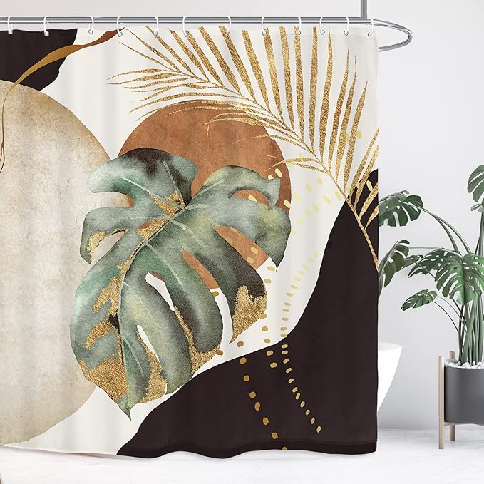Yookeb Abstract Mid Century Bathroom Shower Curtain 71W by 71H Inch Modern Plant Monstera Neutral Minimalist Brown Leaves Aesthetic Polyester Fabric 12 Plastic Hooks Waterproof Decor