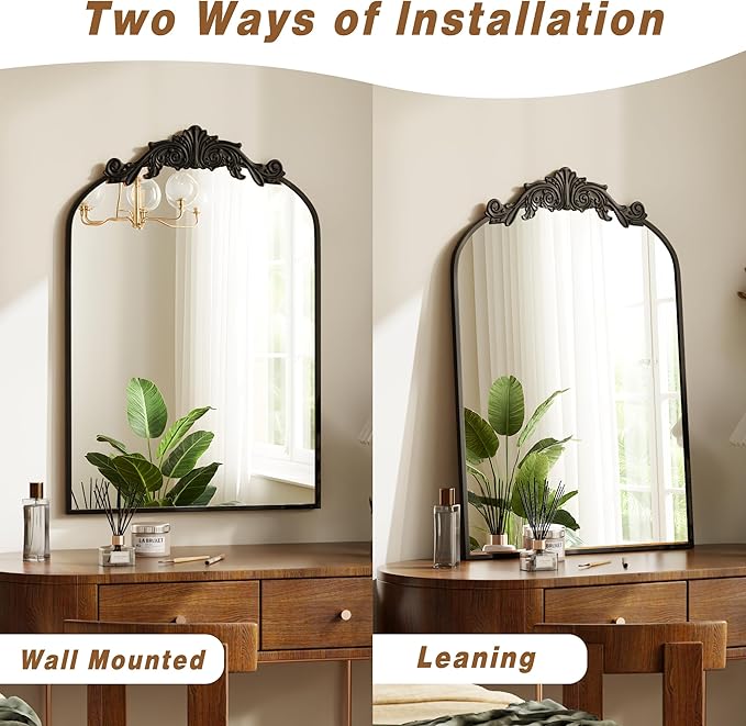 VooBang Vintage Arched Bathroom Mirror, 24x36 Inch Retro Wall Mounted Vanity Mirror with Carved Pattern Top and Metal Frame, Black Decorative Mirror for Hanging or Leaning