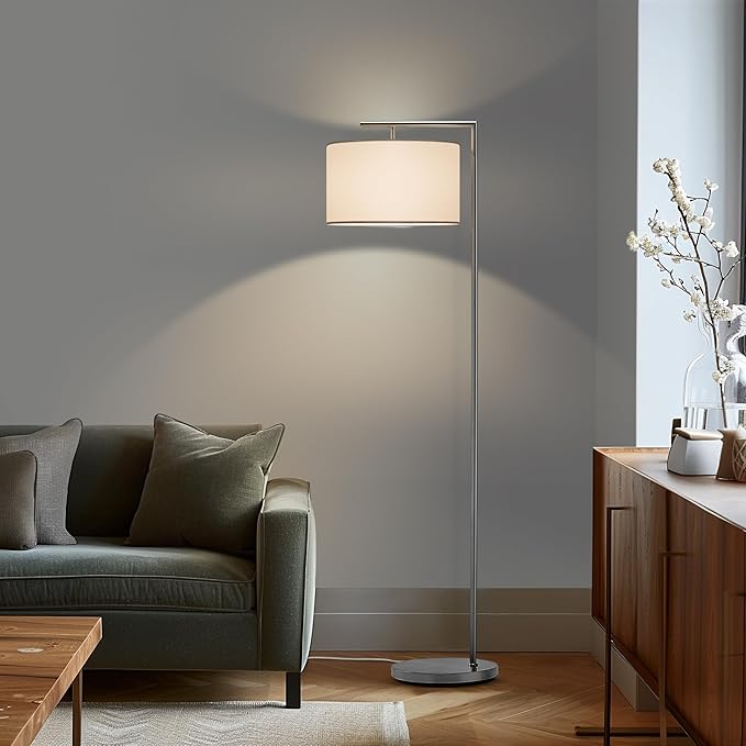 Brightech Montage Modern Floor Lamp - LED Standing Lamp with White Shade and Adjustable Color for Living Rooms & Offices - Tall Corner Bedroom Reading Light for Contemporary Home Decor - Satin Nickel