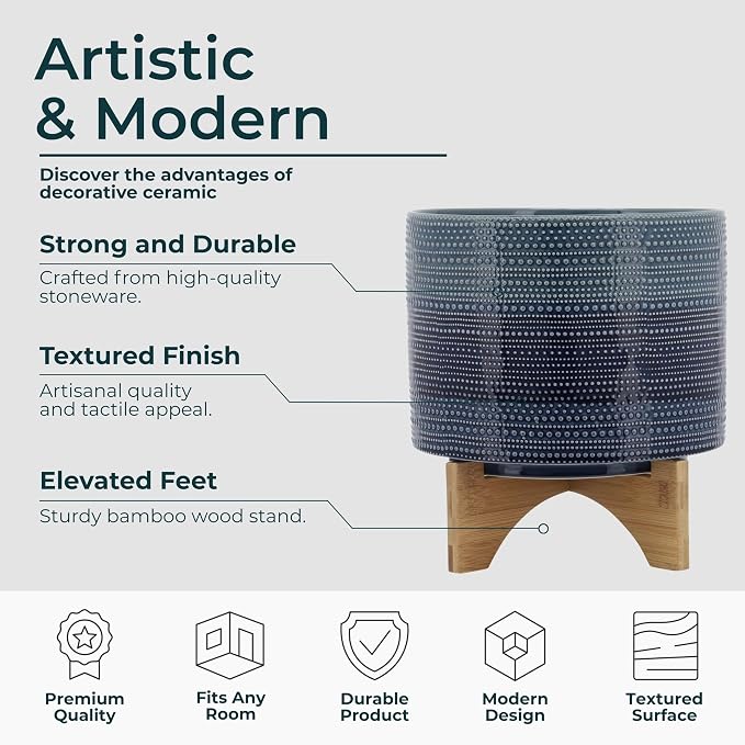 Dotted Decorative Planter Pot with Wood Stand – Ceramic Stoneware Outdoor & Indoor Plant Pot with Drainage Holes – Modern Garden & Home Decor Planters – 10", Blue