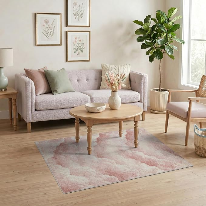 4'x6' Washable Cottagecore Cloud Area Rug, White Flatwoven Floor Mat for Home Office, Gaming Room, Under Desk, Non-Slip Chair-Friendly Carpet | Ref:2208259