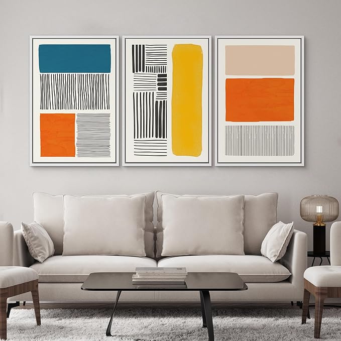 SIGNWIN Framed Canvas Print Wall Art Set Mid-Century Bright Color Block Collage Abstract Shapes Illustrations Minimalism Bohemian Decorative for Living Room, Bedroom, Office - 24"x36"x3 White