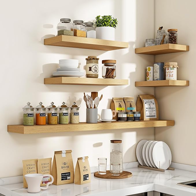 48 Inch Floating Shelves, 3D Textured Wood Grain, 48"x9.25"x1.5" Inch Deep Floating Shelves for Wall, Wooden Shelves for Bathroom, Bedroom, Living Room, Natural, 1 Piece