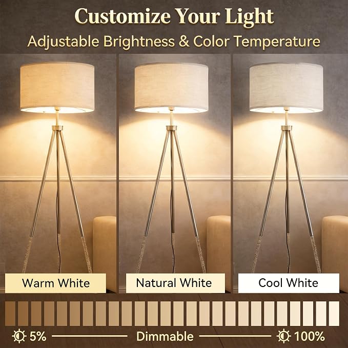 JOOFO Modern Metal Tripod Floor Lamp with Remote Control Tall Standing Decorative Corner Lamp with Oversized Linen Fabric Shade, Foot Switch for Living Room Bedroom Reading Nook Decor, Satin Nickel