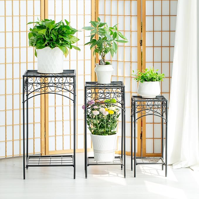 29.5-Inch Metal Indoor Plant Stands - 3-Piece Stylish Iron Plant Holder Set for Indoor & Outdoor Use - Durable Flower Pot Stands Perfect for Balcony, Patio, and Home Decoration plant stand set