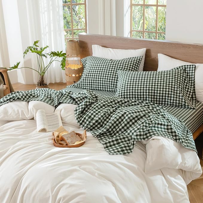 MooMee Gingham Sheet Set 100% Washed Cotton Linen Like Textured Breathable Soft w/Fully Elasticized 16-19" Deep Pocket (Classic Gingham Forest Green, Queen)