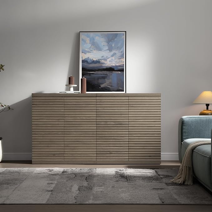 SICOTAS Buffet Cabinet with Storage Accent Sideboard Modern Credenza with Doors & Shelves Fluted Media Console Mid Century Coffee Bar Table for Living Room Kitchen Dining Room Hallway (3PCS)