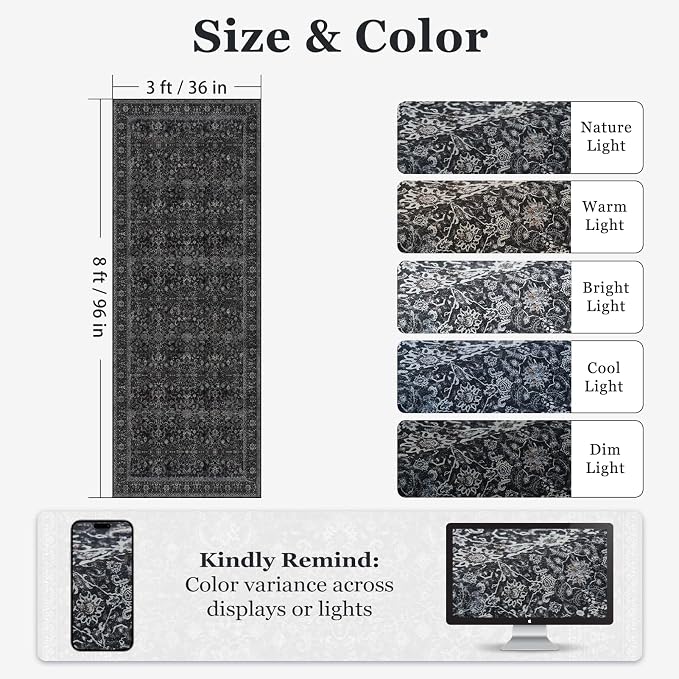 Dark 3x8 Hallway Runner Rug, Entryway Kitchen Runners Non Skid Washable 8 ft, Non Slip Ultra Thin Carpet Runner for Corridor Mudroom Foyer Bathroom Bedroom, Vintage Farmhouse Midnight