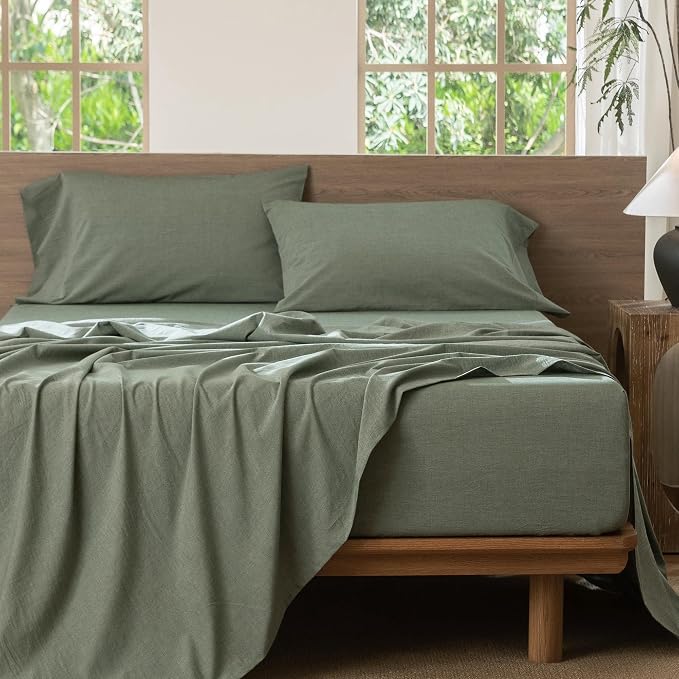 MooMee Bedding Sheet Set 100% Washed Cotton Linen Like Textured Breathable Durable Soft Comfy (Heathered Green, Full)